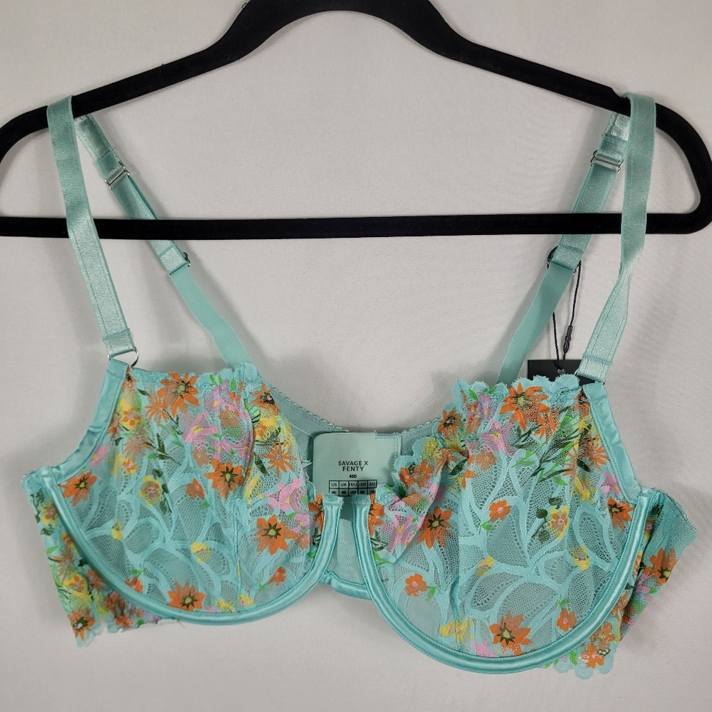 Savage X Fenty Savage Not Sorry Unlined Lace Balconette Bra Floral Size 40D NWT